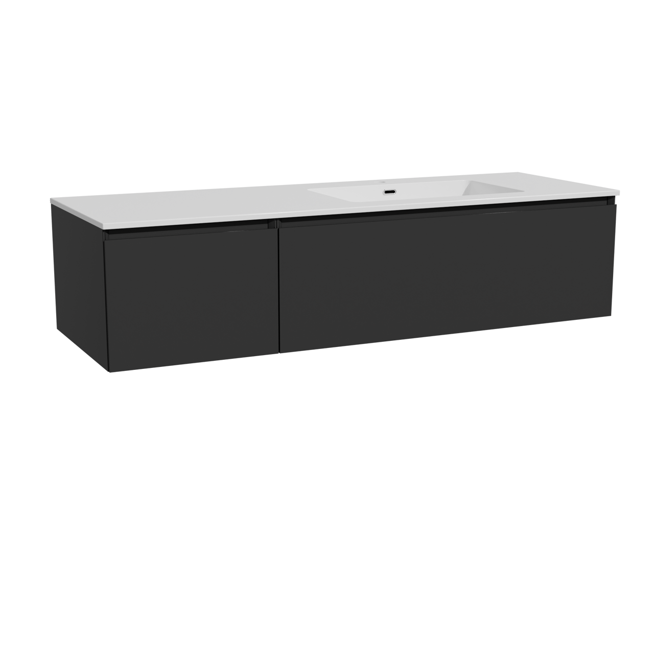 Storke Edge meuble salle de bains suspendu 150 x 52 cm noir mat avec Diva plan vasque asymétrique à droite en marbre composite blanc brillant