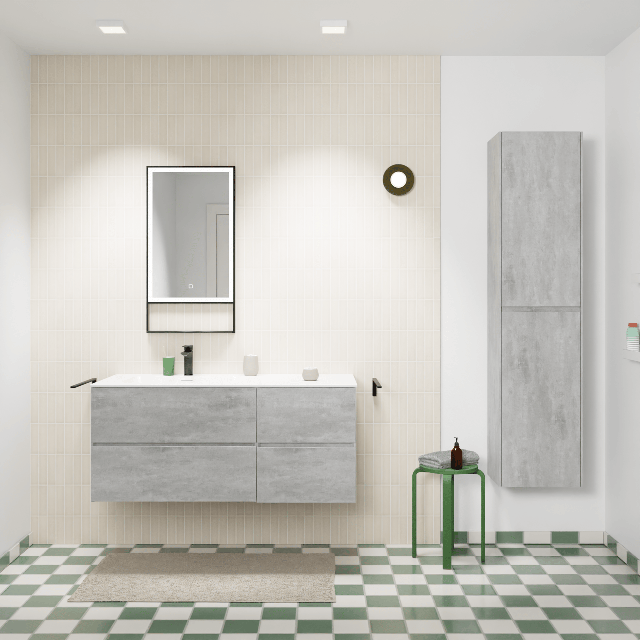 Storke Edge meuble salle de bains suspendu 120 x 52 cm béton gris foncé avec Mata plan vasque asymétrique à gauche en solid surface blanc mat