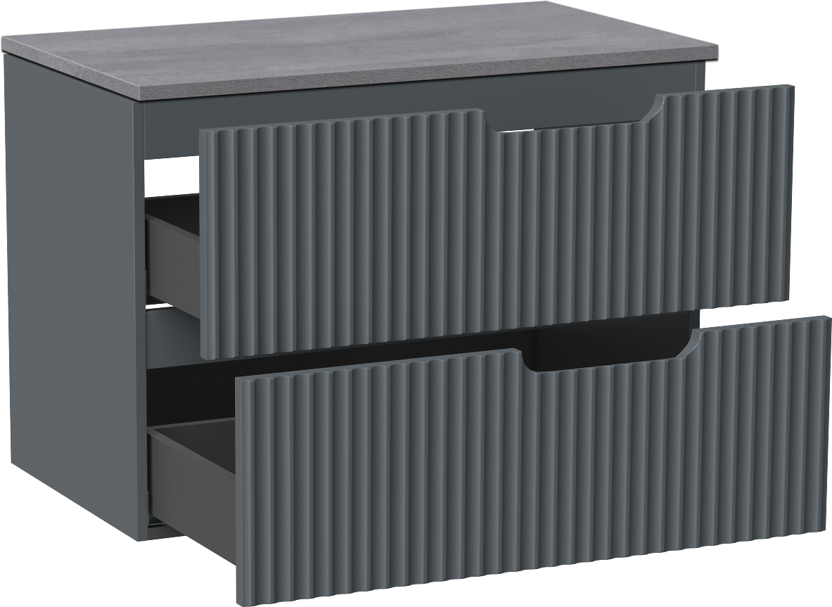 Linie Ribbo zwevend badmeubel 80 x 46 cm blauw antraciet met Lado enkel wastafelblad in melamine beton donkergrijs, Verticale symmetrische ronde ribbel