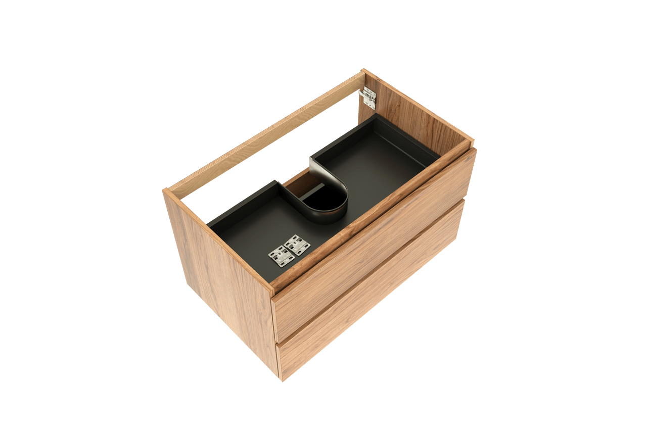 Balmani Lucida hängender Waschbeckenunterschrank: 90 x 55 cm, Teak, 2 Schubladen