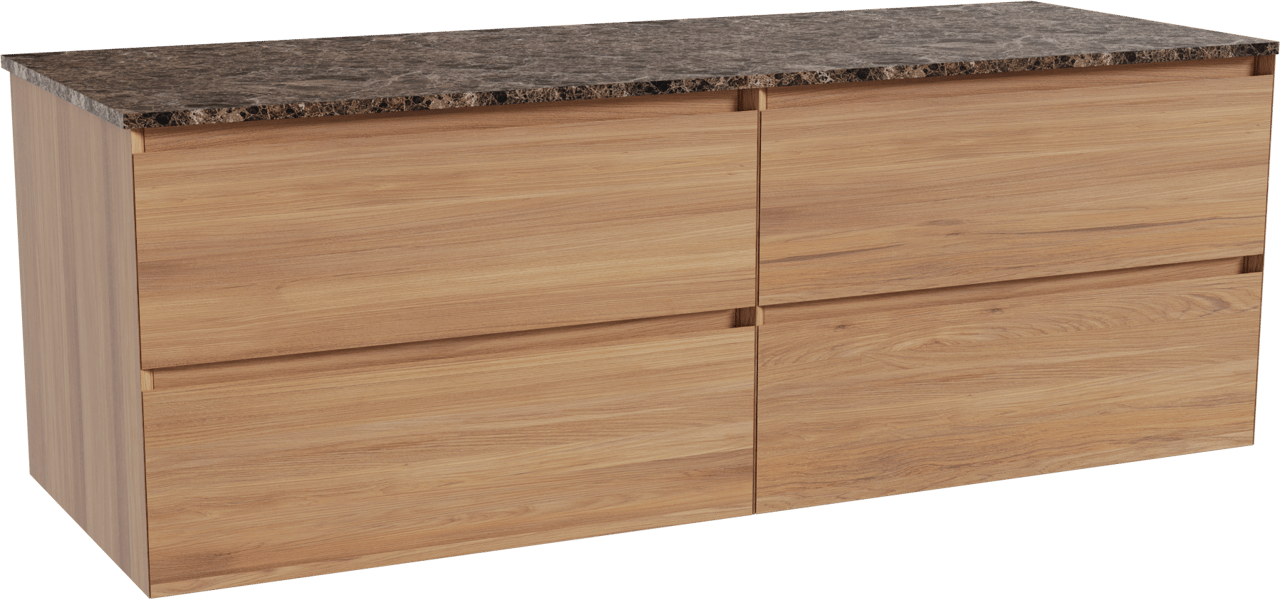 Balmani Mitra zwevend badkamermeubel 150 x 55 cm teak met Stretto enkel of dubbel tablet in marmer dark emperador