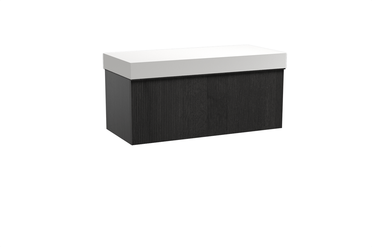 Balmani Forma meuble salle de bains suspendu 120 x 55 cm chêne noir avec Dominus tablette simple ou double en solid surface blanc mat, Nervure droite symétrique verticale