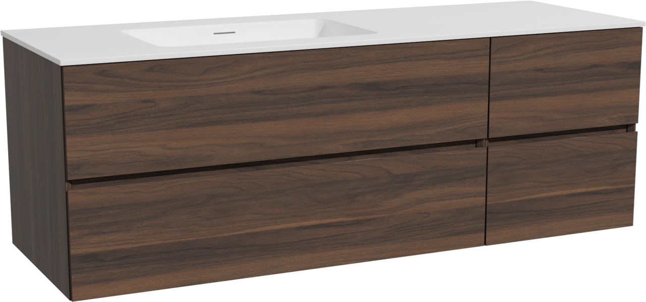 Storke Edge hängendes Möbelstück Set: 150 x 52 cm, Nussbaum, mit Mata Waschtisch links, Solid Surface Weiß matt