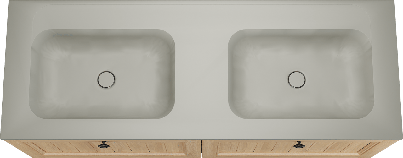 Balmani Lemon zwevend badkamermeubel 150 x 55 cm, fineer natuur eik met Tablo Strada dubbele wastafel in zijdegrijs