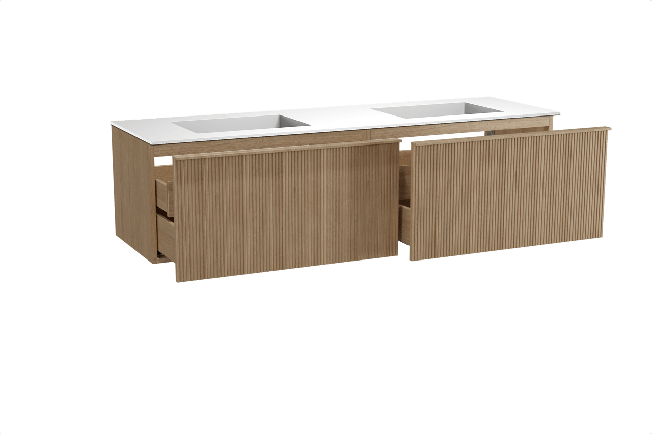 Balmani Forma meuble salle de bains suspendu 180 x 55 cm chêne naturel avec Tablo Stretto double vasque en solid surface blanc mat, Nervure droite symétrique verticale