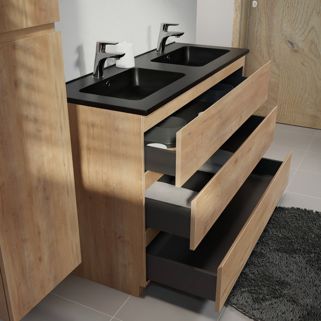 Linie Lado freistehendes Möbelstück Set: 120 x 46 cm, Naturbelassene Eiche, mit Vano Doppelwaschtisch, Marmorkomposit Schwarz matt