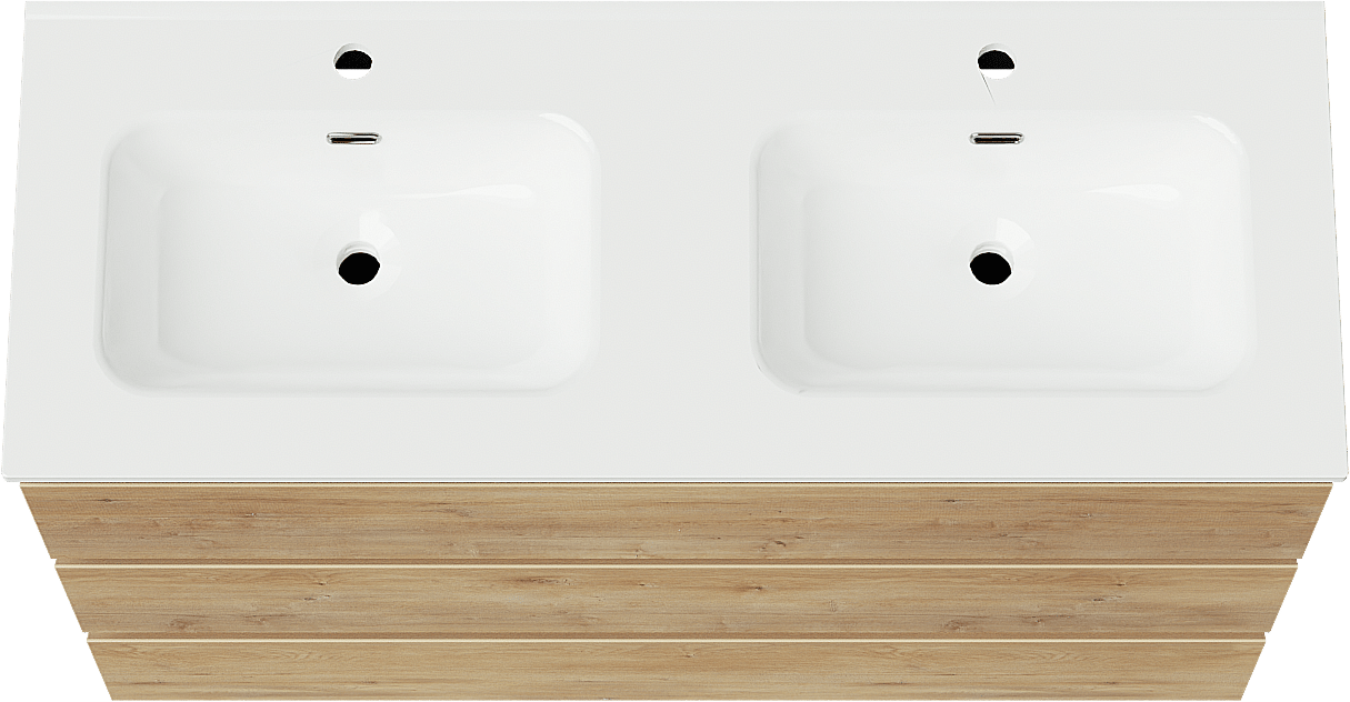 Linie Lado staand badkamermeubel 120 x 46 cm natuur eik met Baro dubbele wastafel in porselein glanzend wit