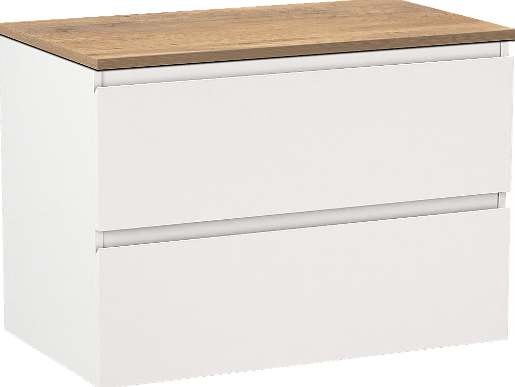 Linie Lado hängendes Möbelstück Set: 80 x 46 cm, Weiß matt, mit Lado Einzel Waschtischplatte, Melamin Naturbelassene Eiche