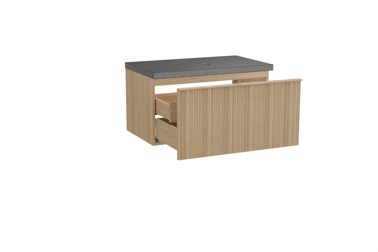 Balmani Forma hängendes Möbelstück Set: 90 x 55 cm, Naturbelassene Eiche, mit Rock Einzel Waschtischplatte, Granit, Schwarzes Granit, Vertikale asymmetrische Runde Rippe