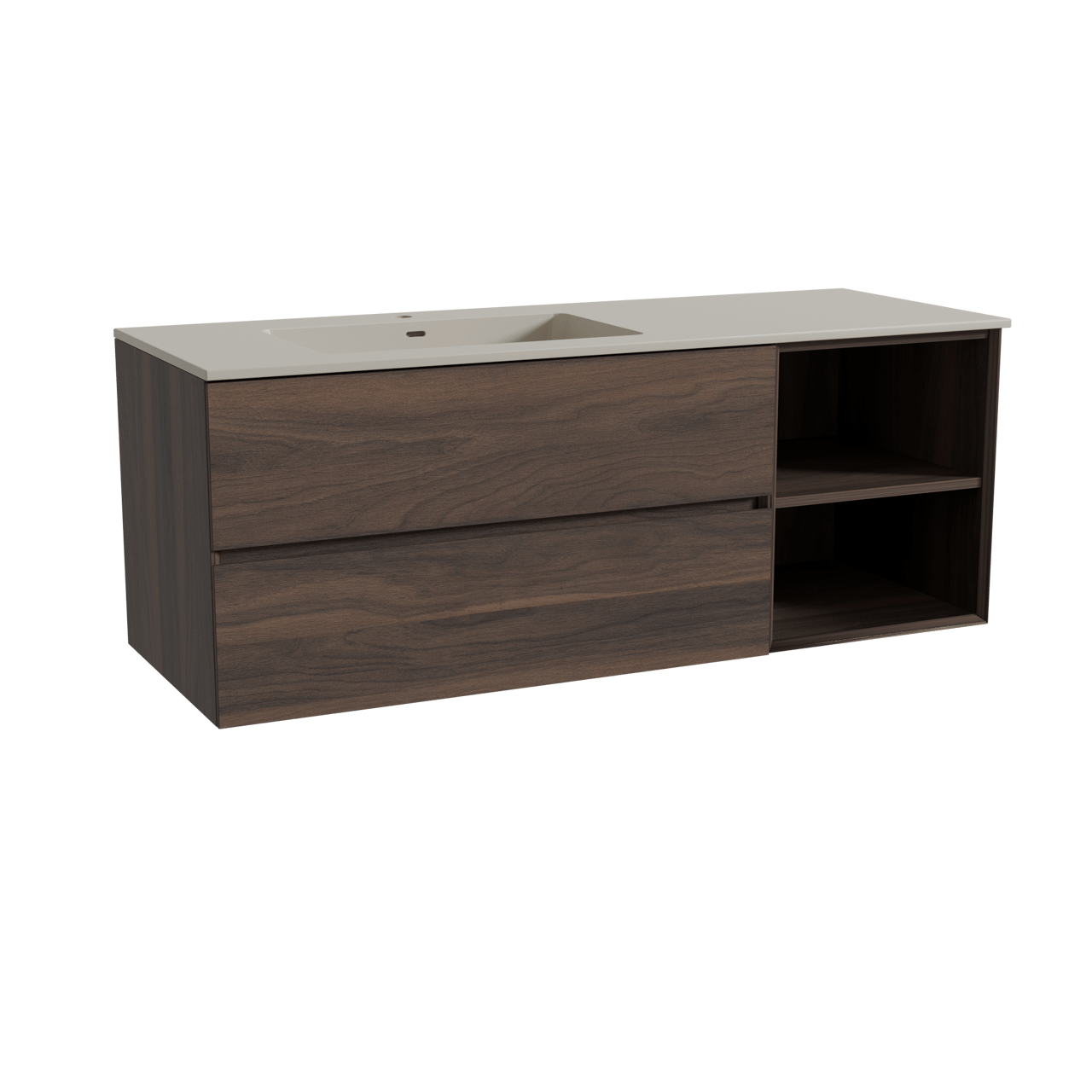 Storke Edge meuble salle de bains suspendu 140 x 52 cm noyer avec Diva plan vasque asymétrique à gauche en top solid soie grise