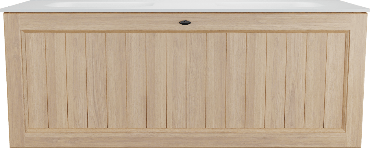 Balmani Lemon zwevend badkamermeubel 135 x 55 cm, fineer natuur eik met Tablo Arcato dubbele wastafel in mat wit