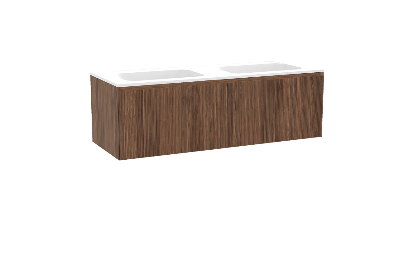 Balmani Fila hängendes Möbelstück Set: 150 x 55 cm, Nussbaum, mit Tablo Strada Doppelwaschtisch, Marmorkomposit, Weiß matt, Vertikale symmetrische gerade Rippe