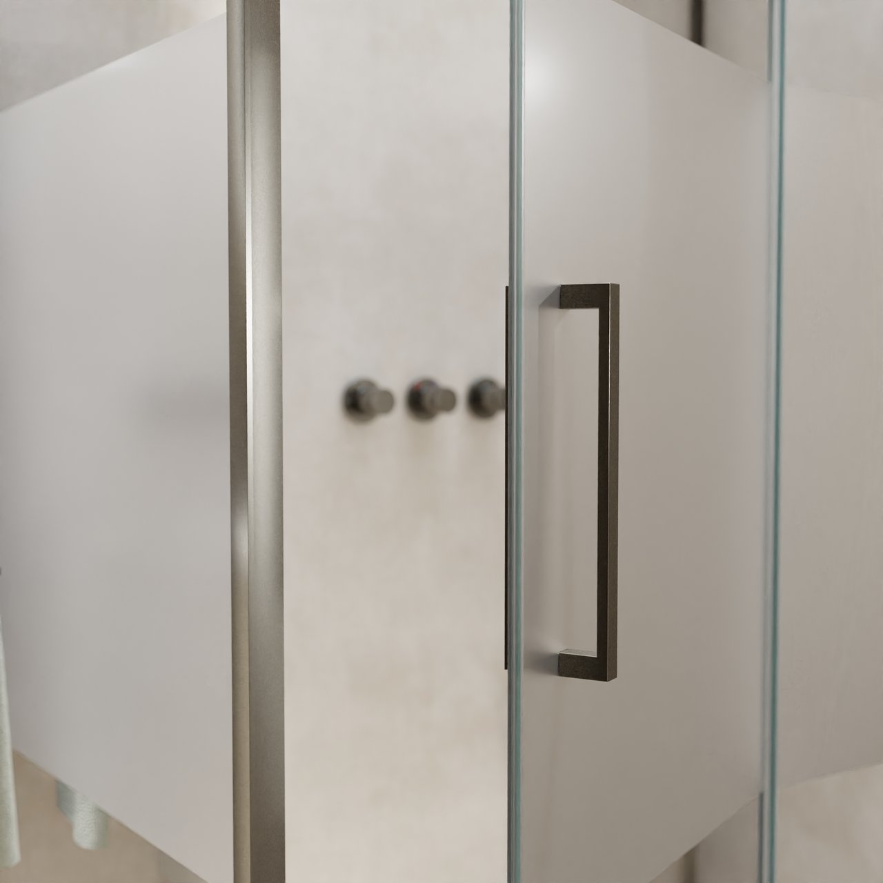 Balmani Senses Design Eckdusche: Drehtür (Rechts) mit fixierte Seitenwand, 140 x 100 cm, Klarglas mit mattiertem Streifen, Profil Brushed GunMetal