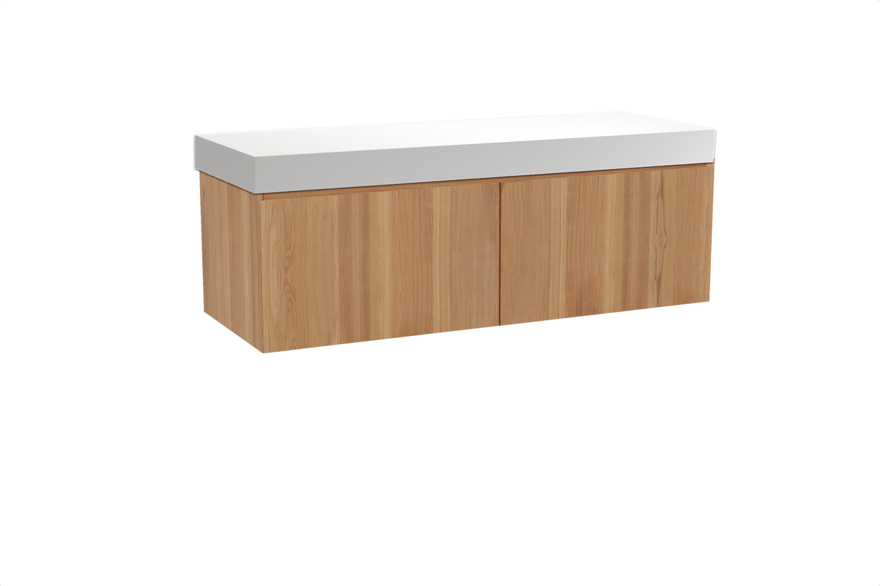 Balmani Idra hängendes Möbelstück Set: 150 x 55 cm, Teak, mit Dominus Einzel- oder Doppel Waschtischplatte, Solid Surface Weiß matt