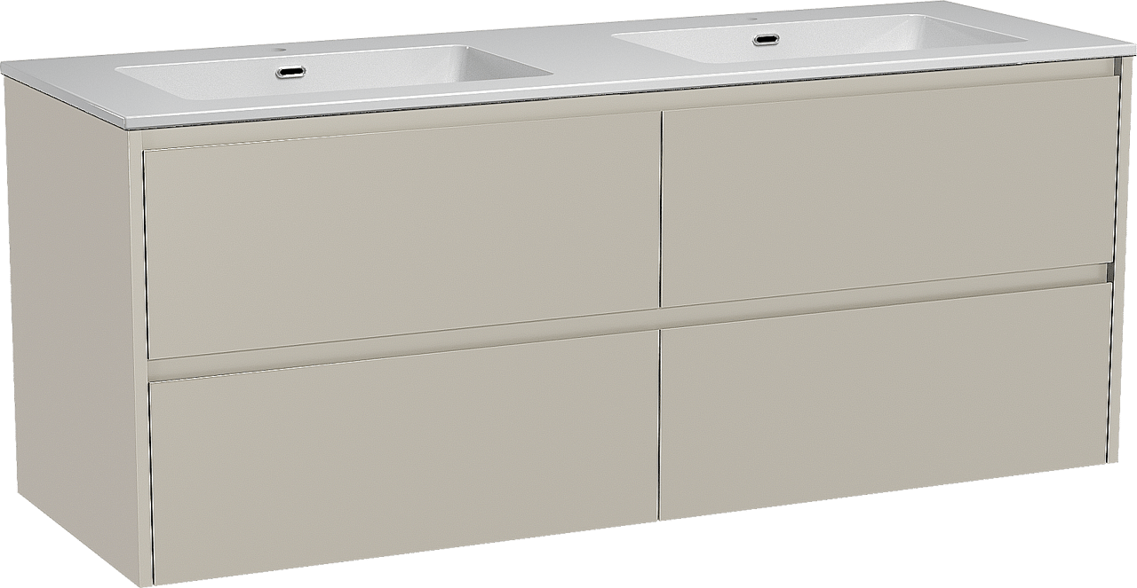 Storke Seda zwevend badmeubel 150 x 52 cm zijdegrijs met Diva dubbele wastafel in composietmarmer hoogglans wit