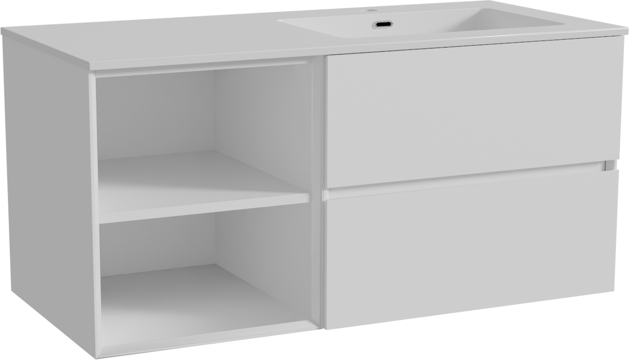 Storke Edge meuble salle de bains suspendu 110 x 52 cm blanc mat avec Diva plan vasque asymétrique à droite en marbre composite blanc brillant