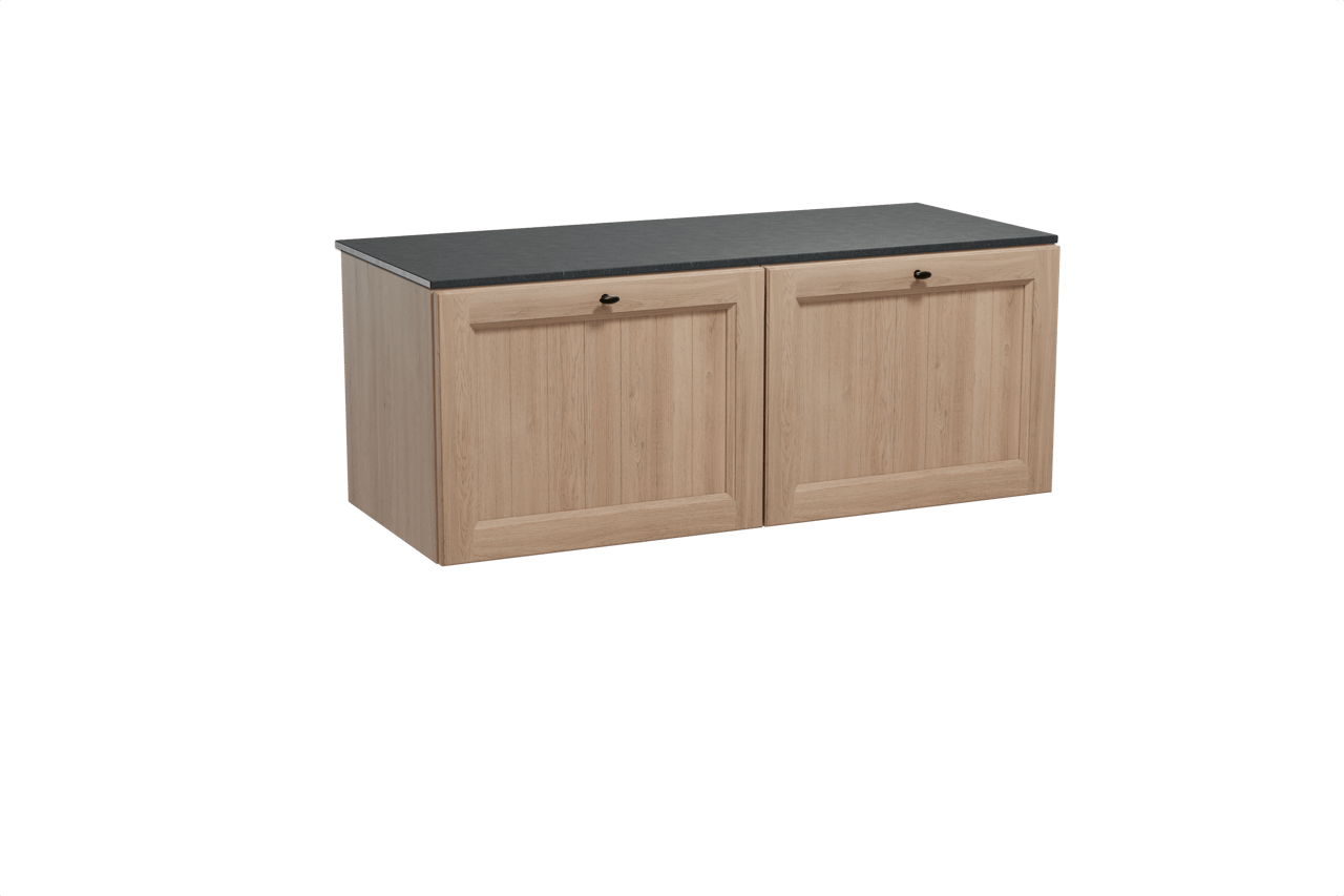 Balmani Lemon hängendes Möbelstück Set: 135 x 55 cm, Verwitterte Eiche, mit Stretto Einzel- oder Doppel Waschtischplatte, Schwarzes Granit