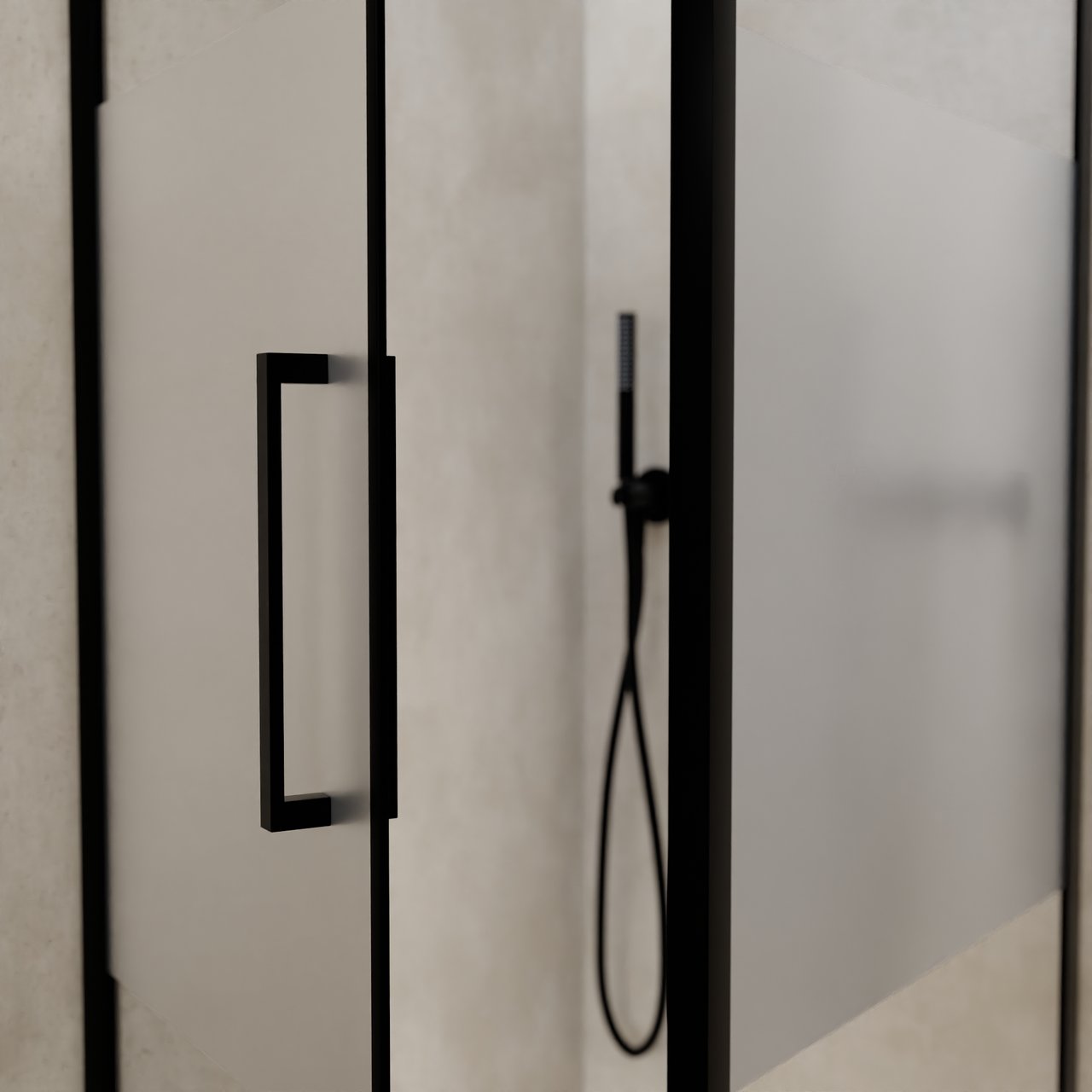 Balmani Senses Design douchehoek met linkse draaideur en vaste zijwand, 90 x 90 cm, Helder glas met matte strook, Zwarte profielen, met coating