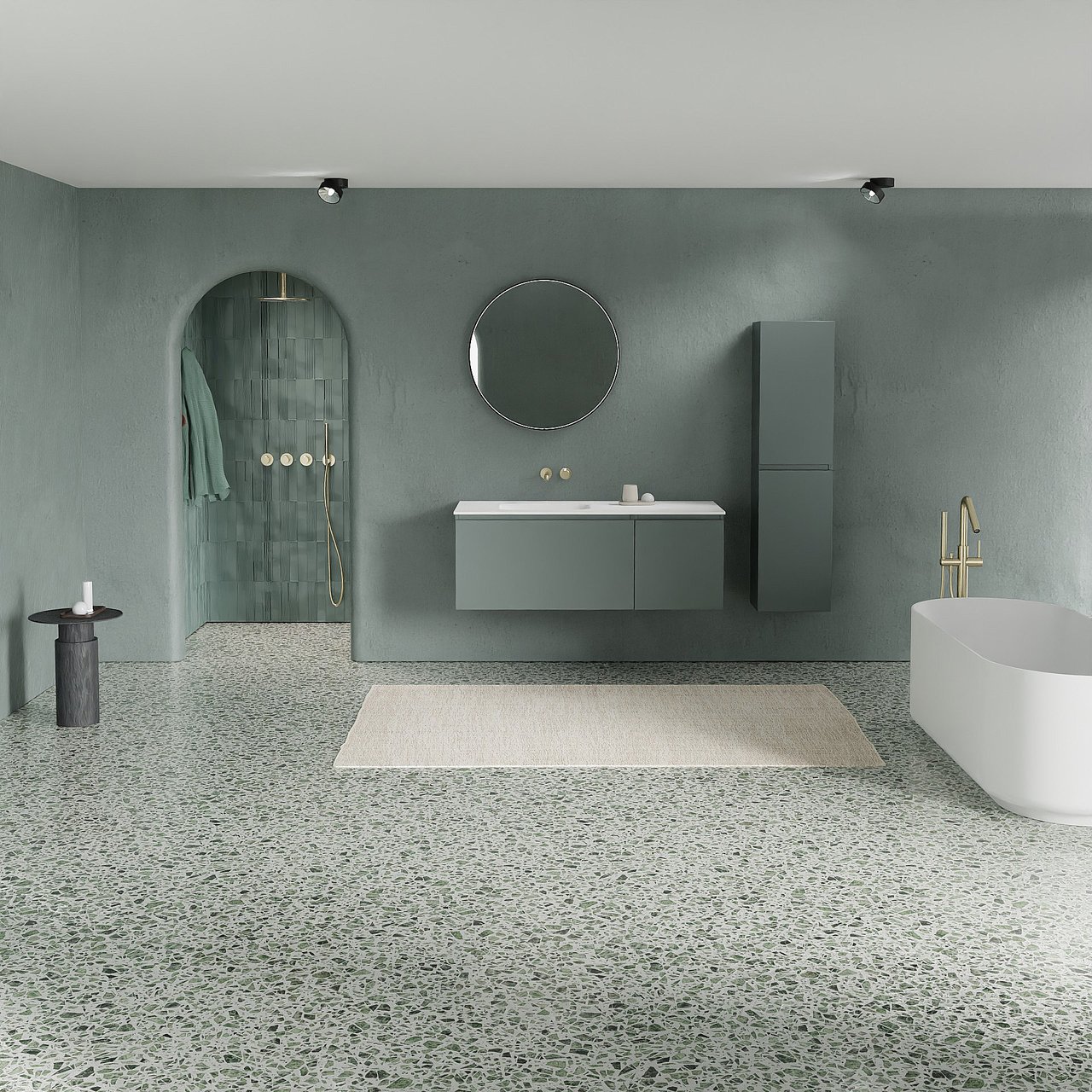 Balmani Sfera hängendes Möbelstück Set: 135 x 55 cm, Forest, mit Tablo Arcato Waschtisch links, Solid Surface Weiß matt