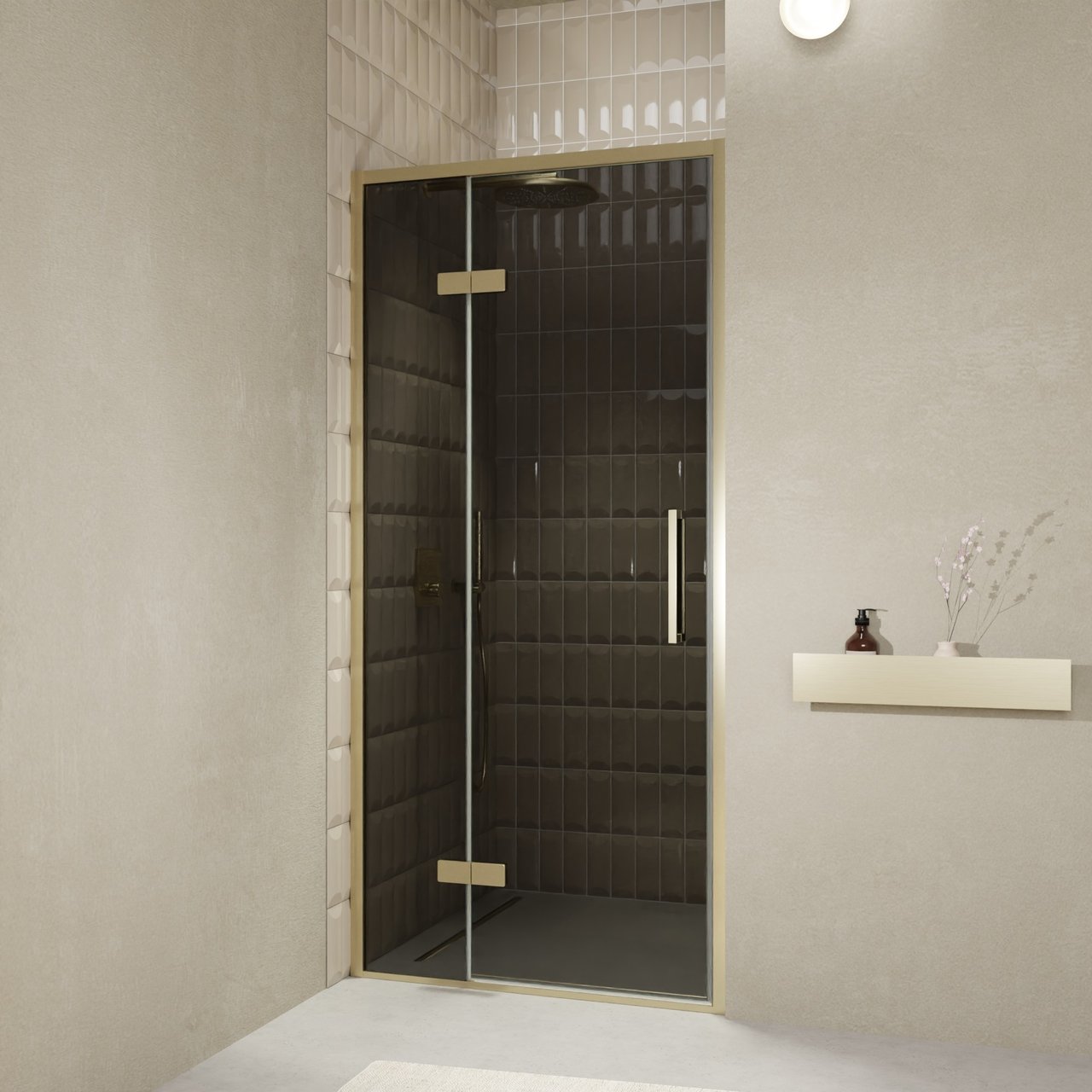 Balmani Senses Design porte pivotante à gauche 100 cm x 210 cm verre fumé, Profil Brushed Champagne Gold