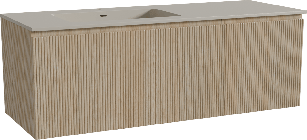 Storke Ribs hängendes Möbelstück Set: 140 x 52 cm, Rohe Eiche, mit Diva Waschtisch links, Top Solid, Seidengrau, Vertikale symmetrische gerade Rippe