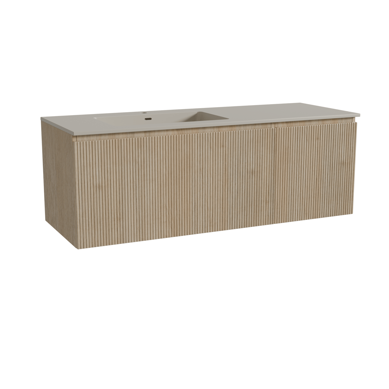 Storke Ribs zwevend badkamermeubel 140 x 52 cm ruwe eik met Diva asymmetrisch linkse wastafel in top solid zijdegrijs, Verticale symmetrische rechte ribbel