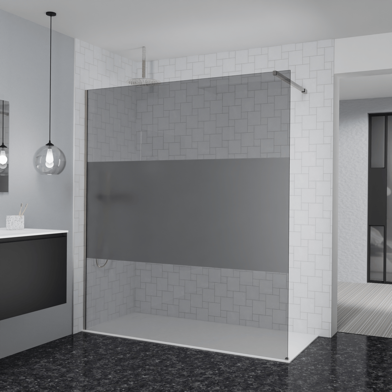 Balmani Modular douche à l'italienne: 180 x 200 cm, Verre fumé avec bande matte, Profil Brushed CoolMetal