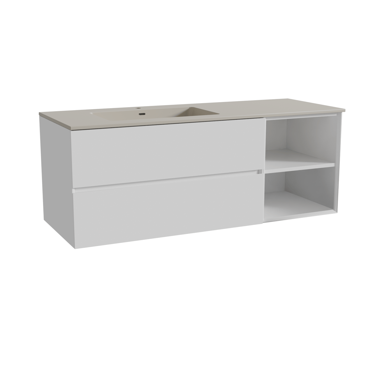 Storke Edge meuble salle de bains suspendu 140 x 52 cm blanc brillant avec Diva plan vasque asymétrique à gauche en top solid soie grise