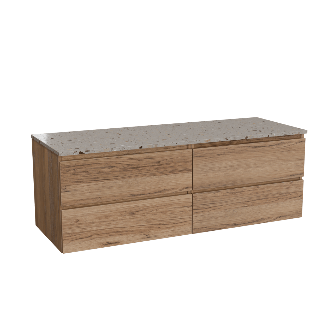 Balmani Lucida hängendes Möbelstück Set: 150 x 55 cm, Teak, mit Stretto Einzel- oder Doppel Waschtischplatte, Terrazzo in Greige