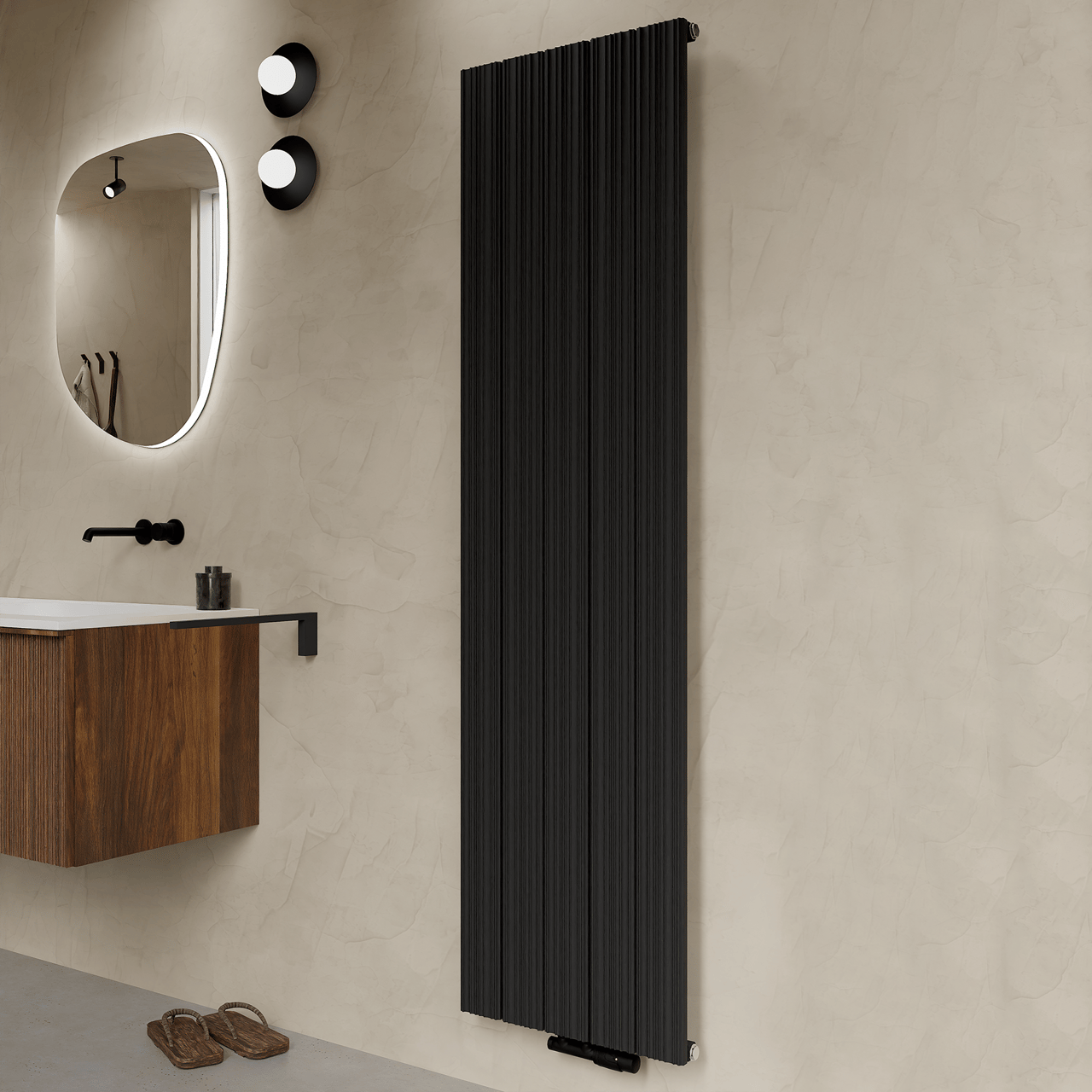 Vipera Mares enkele handdoekradiator 47 x 180 cm centrale verwarming mat zwart zij- en middenaansluiting 1315W