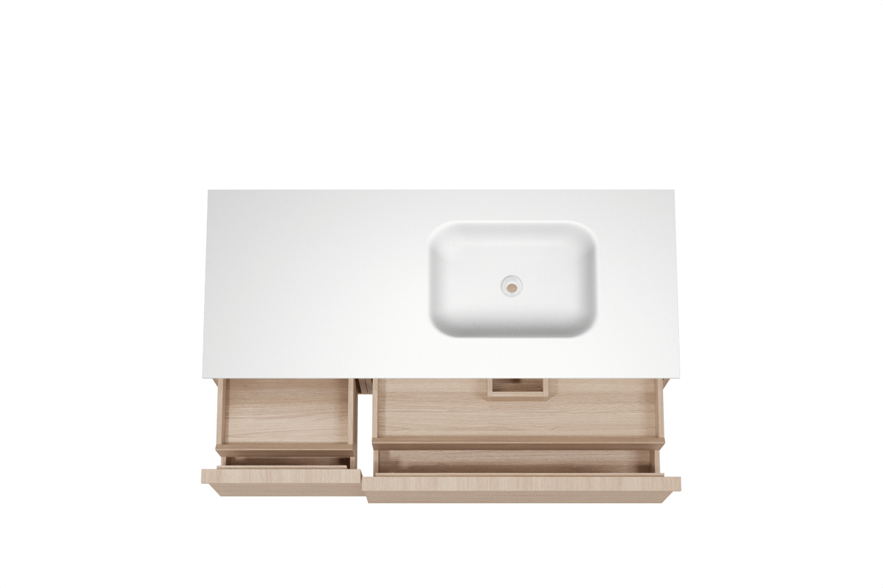 Balmani Forma zwevend badkamermeubel 135 x 55 cm natuur eik met Tablo Arcato asymmetrisch rechtse wastafel in solid surface mat wit, Horizontale symmetrische rechte ribbel
