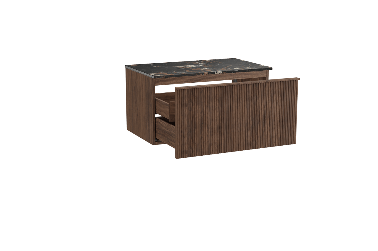 Balmani Forma zwevend badkamermeubel 90 x 55 cm amerikaanse notelaar met Stretto enkel tablet in marmer portoro gold, Verticale symmetrische rechte ribbel