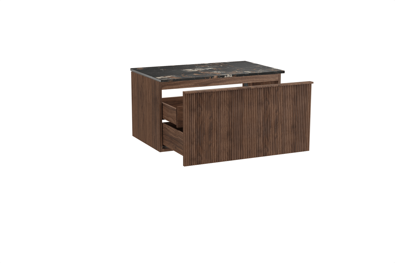 Balmani Forma meuble salle de bains suspendu 90 x 55 cm noyer américain avec Stretto tablette simple en marbre portoro gold, Nervure droite symétrique verticale