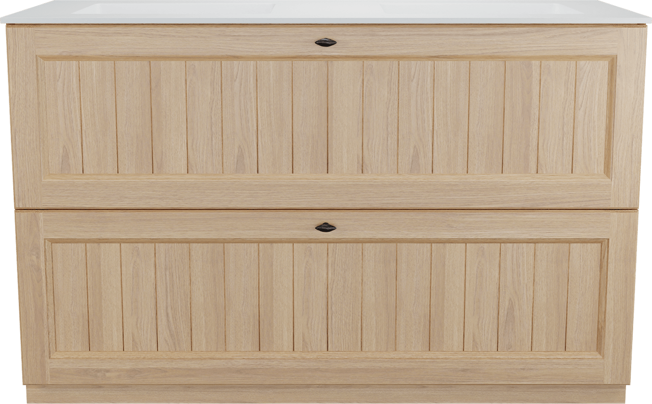 Balmani Lemon staand badkamermeubel 135 x 55 cm, fineer natuur eik met Tablo Stretto dubbele wastafel in mat wit