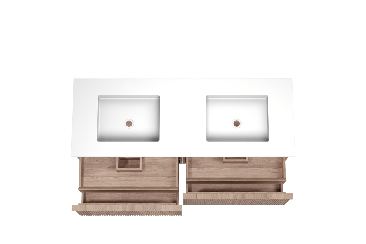 Balmani Forma hängendes Möbelstück Set: 150 x 55 cm, Teak, mit Tablo Stretto Doppelwaschtisch, Solid Surface, Weiß matt, Vertikale symmetrische gerade Rippe