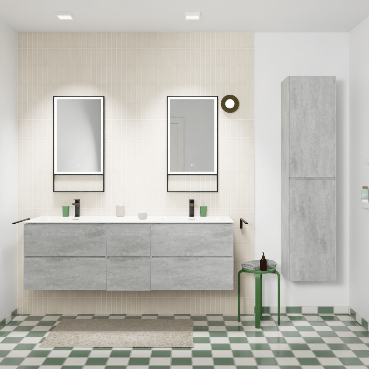 Storke Edge meuble salle de bains suspendu 165 x 52 cm béton gris foncé avec Mata double vasque en solid surface blanc mat