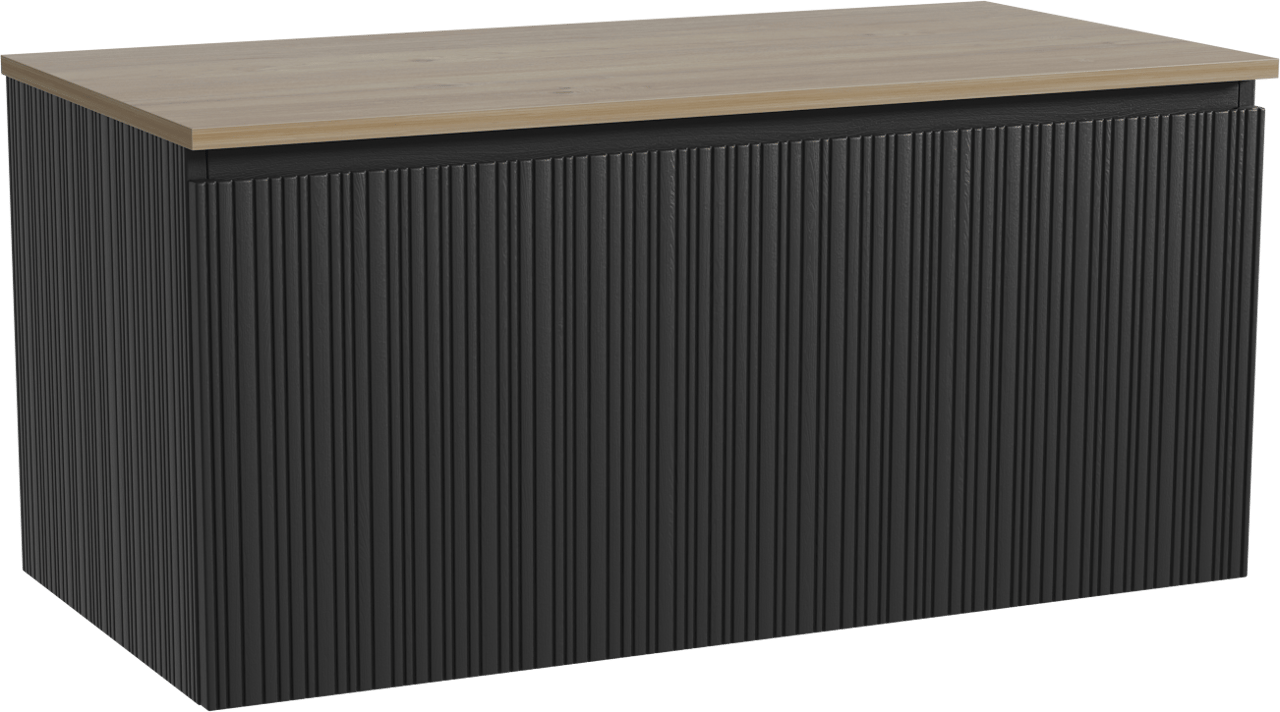 Storke Ribs zwevend badmeubel 105 x 52 cm zwart eiken met Panton enkel wastafelblad in melamine ruw eiken, Verticale asymmetrische rechte ribbel