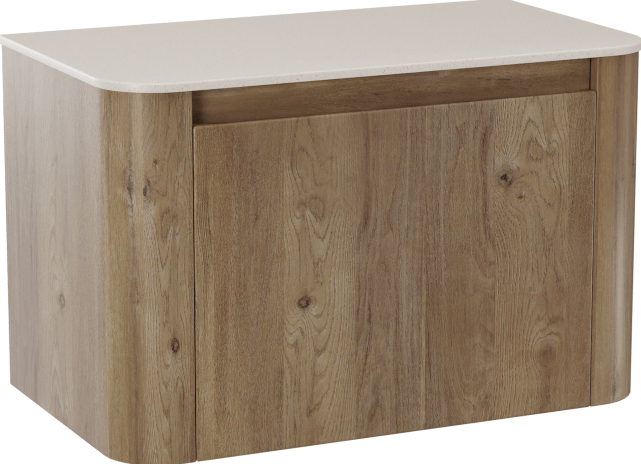 Storke Soft zwevend badmeubel 80 x 46 cm ruw eiken met Tavola Soft enkel wastafelblad in solid surface beige granita