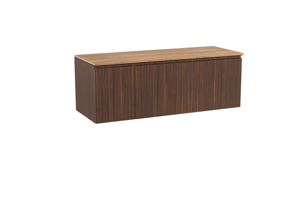 Storke Ribs zwevend badmeubel 140 x 52 cm notenhout met Panton enkel of dubbel wastafelblad in melamine ruw eiken, Verticale symmetrische rechte ribbel