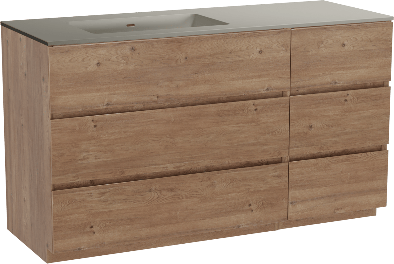 Storke Edge freistehendes Möbelstück Set: 140 x 52 cm, Rohe Eiche, mit Diva Waschtisch links, Top Solid Seidengrau