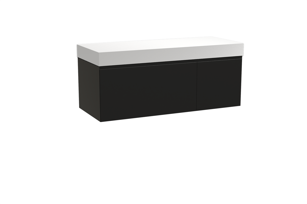 Balmani Idra meuble salle de bains suspendu 135 x 55 cm noir mat avec Dominus tablette simple ou double en solid surface blanc mat