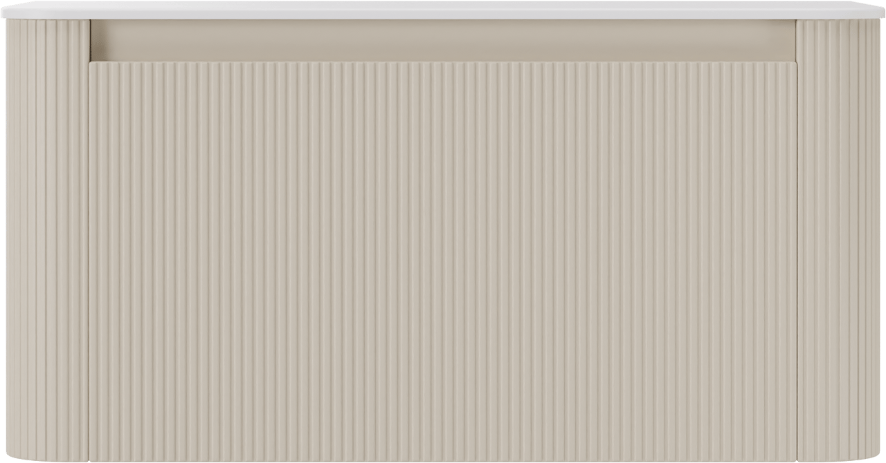 Storke Soft zwevend badkamermeubel 100 x 46 cm Sand mat met Tavola Soft enkele tablet in solid surface mat wit, Verticale symmetrische rechte ribbel