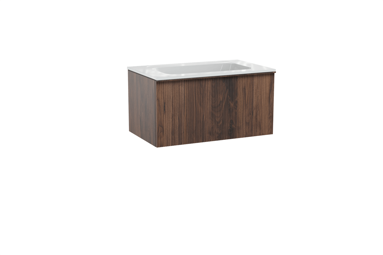 Balmani Forma zwevend badkamermeubel 90 x 55 cm amerikaanse notelaar met Tablo Strada enkele wastafel in composietmarmer glanzend wit, Verticale symmetrische rechte ribbel