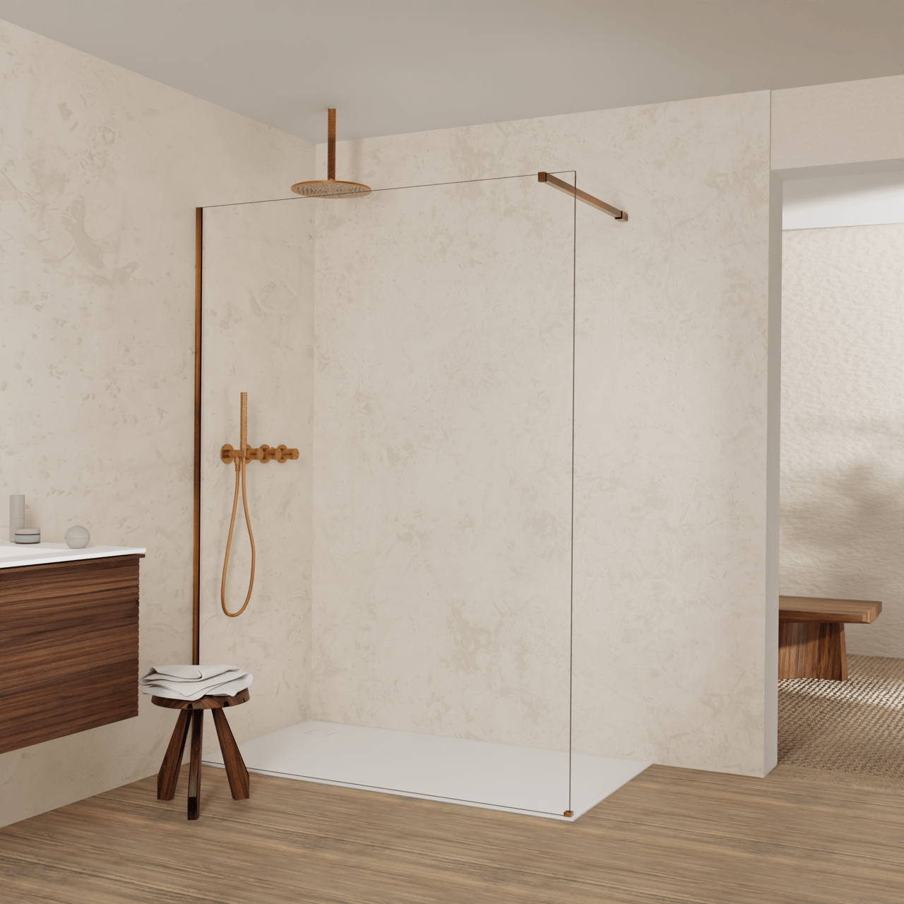 Balmani Modular inloopdouche: 150 x 200 cm, Helder glas met coating, Brushed Rosegold profielen