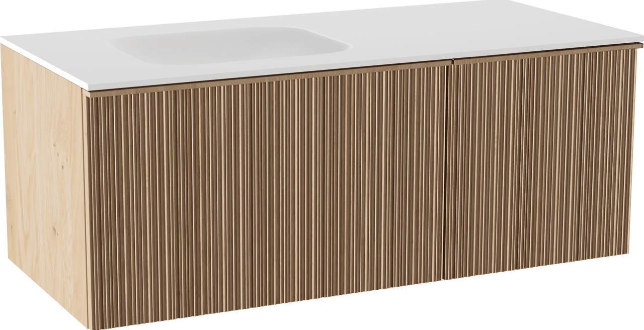 Balmani Forma meuble salle de bains suspendu 120 x 55 cm chêne naturel avec Tablo Arcato plan vasque asymétrique à gauche en solid surface blanc mat, Nervure circulaire asymétrique verticale
