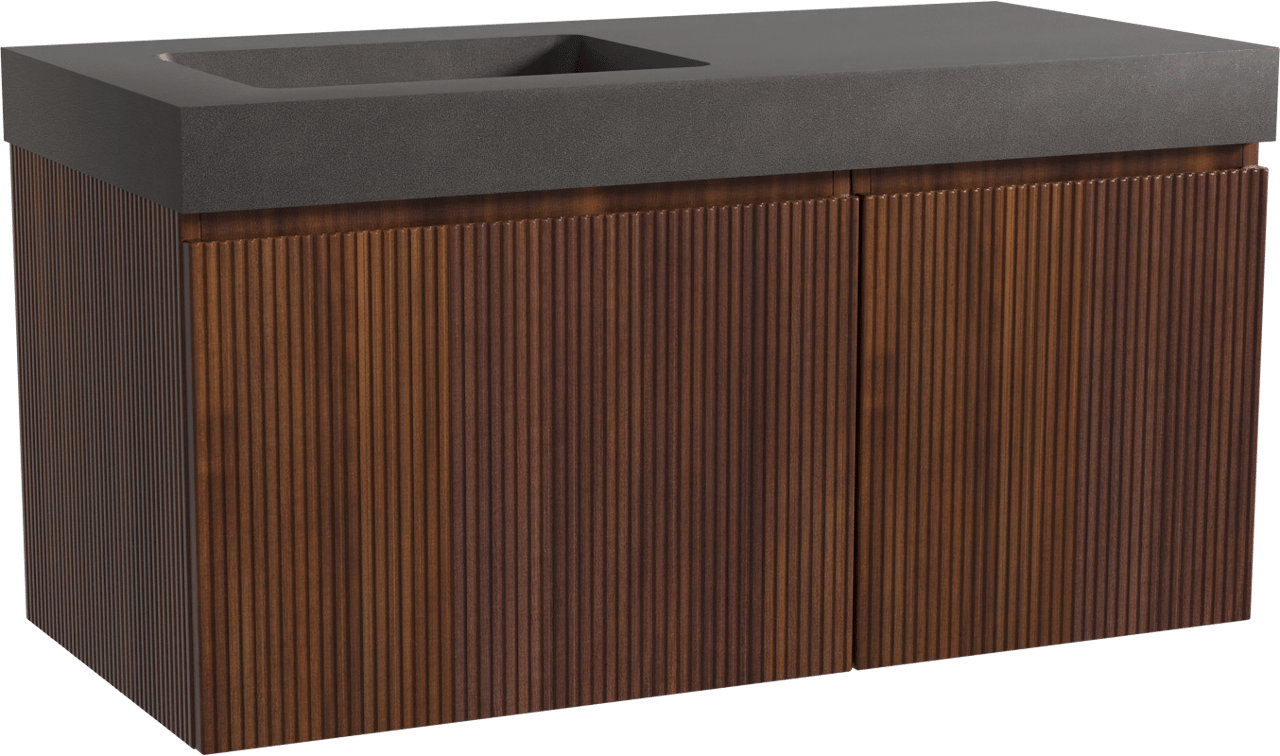 Storke Ribs zwevend badmeubel 110 x 52 cm notenhout met Scuro High asymmetrisch linkse wastafel in kwarts mat zwart, Verticale symmetrische rechte ribbel