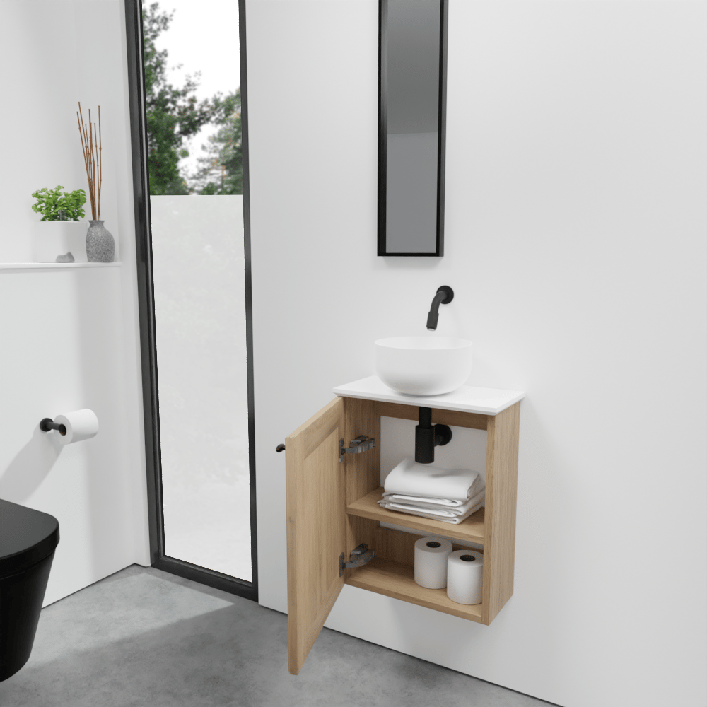 Balmani Lemon meuble wc suspendu 42 x 21 cm chêne vieilli avec Facetta tablette et Bowl vaque à poser en Solid Surface mat