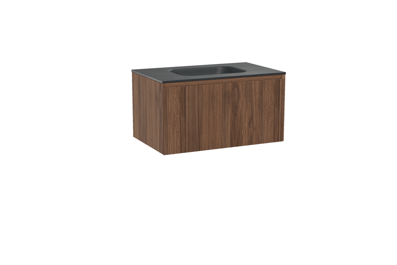 Balmani Fila hängendes Möbelstück Set: 90 x 55 cm, Nussbaum, mit Tablo Arcato Einzelwaschtisch, Granit, Schwarzes Granit, Vertikale symmetrische gerade Rippe