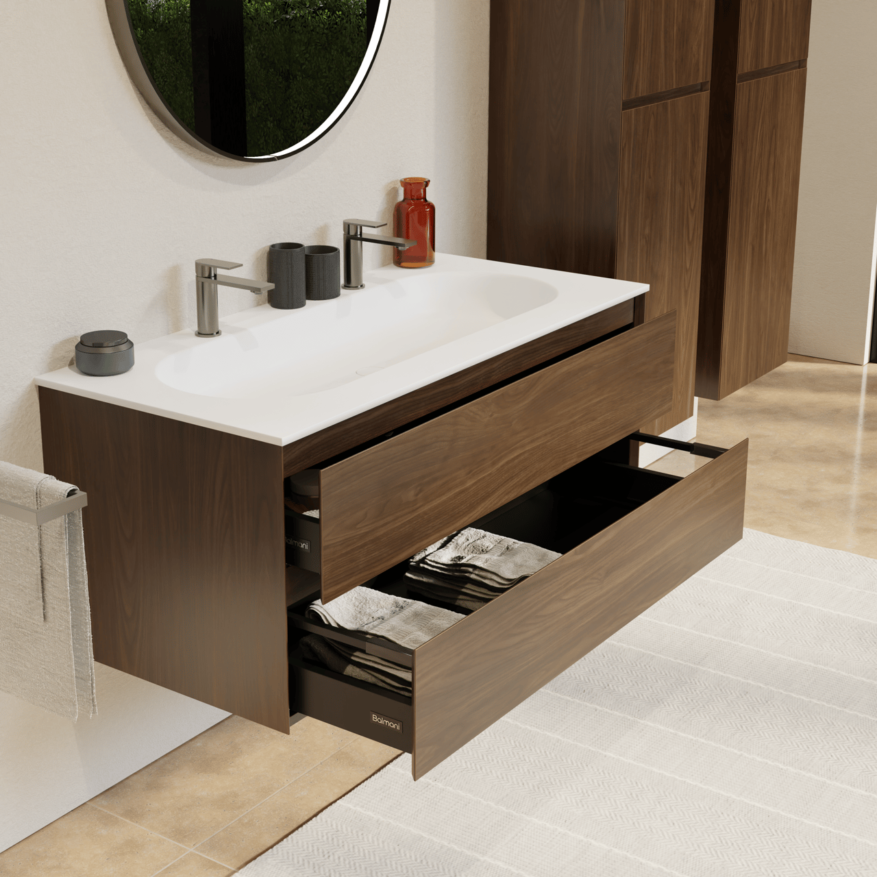 Balmani Mitra meuble salle de bains suspendu 120 x 55 cm noyer américain avec Tablo Oval lavabo simple pour 2 trous de robinet en solid surface blanc mat