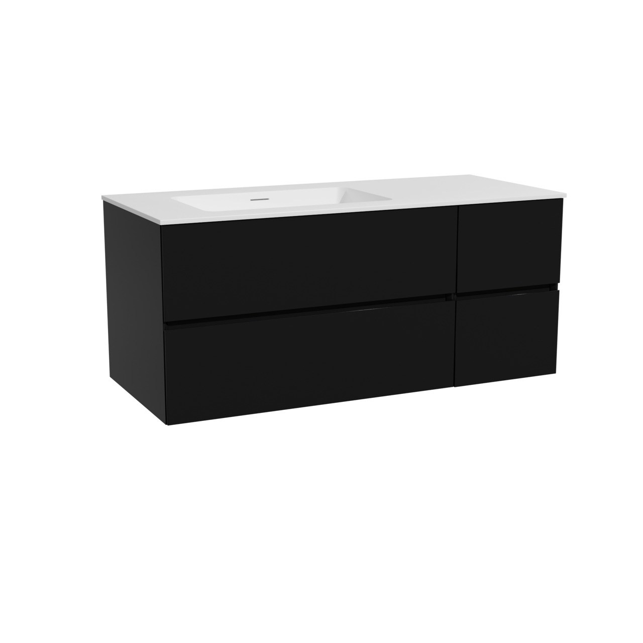 Storke Edge meuble salle de bains suspendu 120 x 52 cm noir mat avec Mata plan vasque asymétrique à gauche en solid surface blanc mat